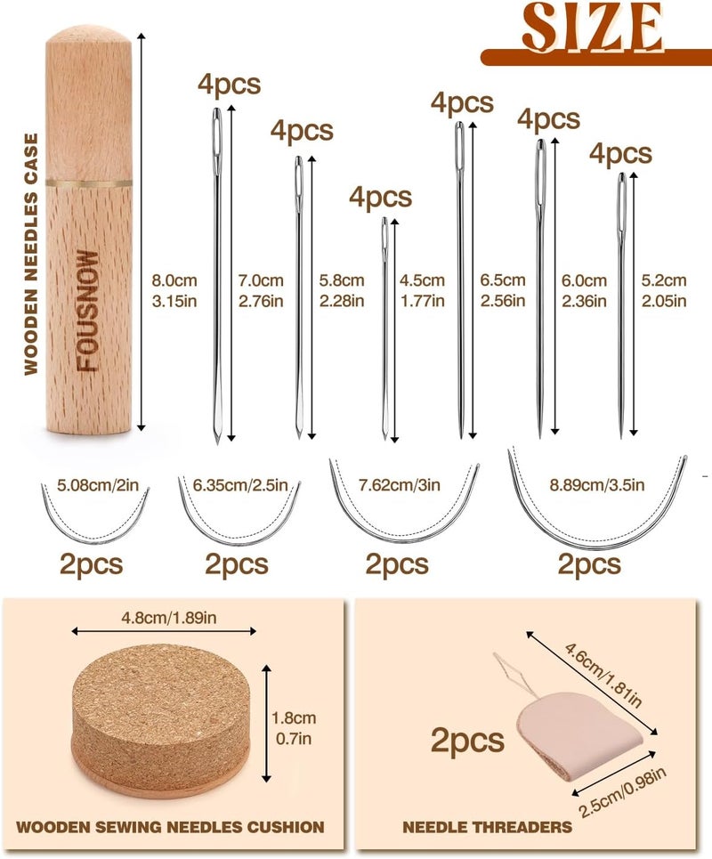 FOUSNOW 36 Pcs Heavy Duty Sewing Needles Kit, Curved Sewing Needles for Hand Sewing, Leather Sewing Needles with Wooden Sewing Needles Cushion, Needle Case for Leather Upholstery Repair Sewing - Image 2